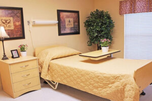 Furnished private patient room with an adjustable bed and bedside table.